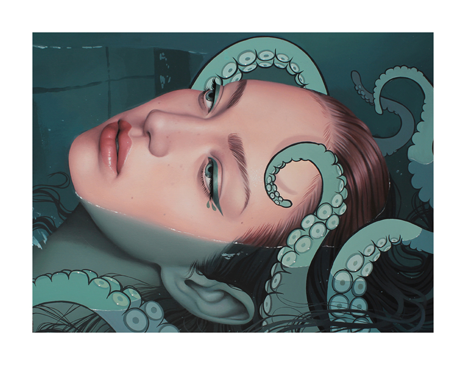 Cecaelia by Sarah Joncas is a surreal archival pigment print illustrating a womans serene, eyes-closed face amidst curling teal octopus tentacles and reddish-brown hair blending with water.