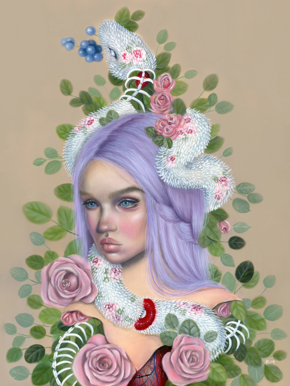 RELMs Fade is an archival pigment print featuring a serene woman with long lavender hair, roses, green leaves, and a white snake coiled around her shoulders. This artwork is set against a muted beige background and comes in an edition of 30.