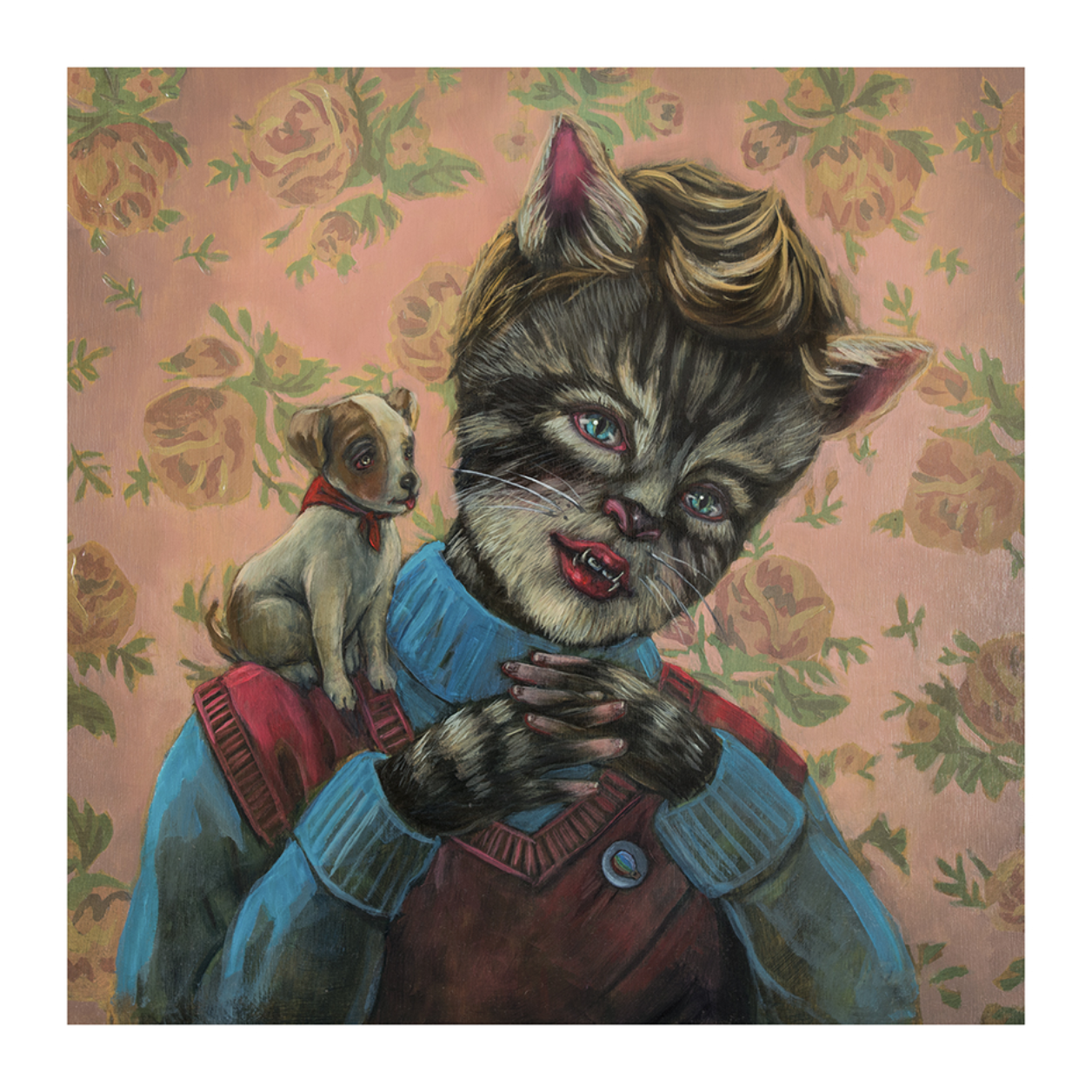 Pussboy" by Lori Nelson is an archival pigment print featuring a whimsical cat-faced figure in a blue turtleneck and red vest with a small dog on their shoulder, set against pink floral wallpaper.