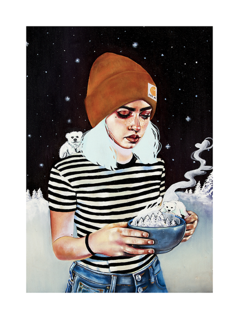 The archival pigment print by MJ Lindo, titled All I Want to do is Save the World, features a person with white hair in a brown beanie and striped shirt holding a steaming bowl alongside tiny polar bears against a snowy, starry backdrop.