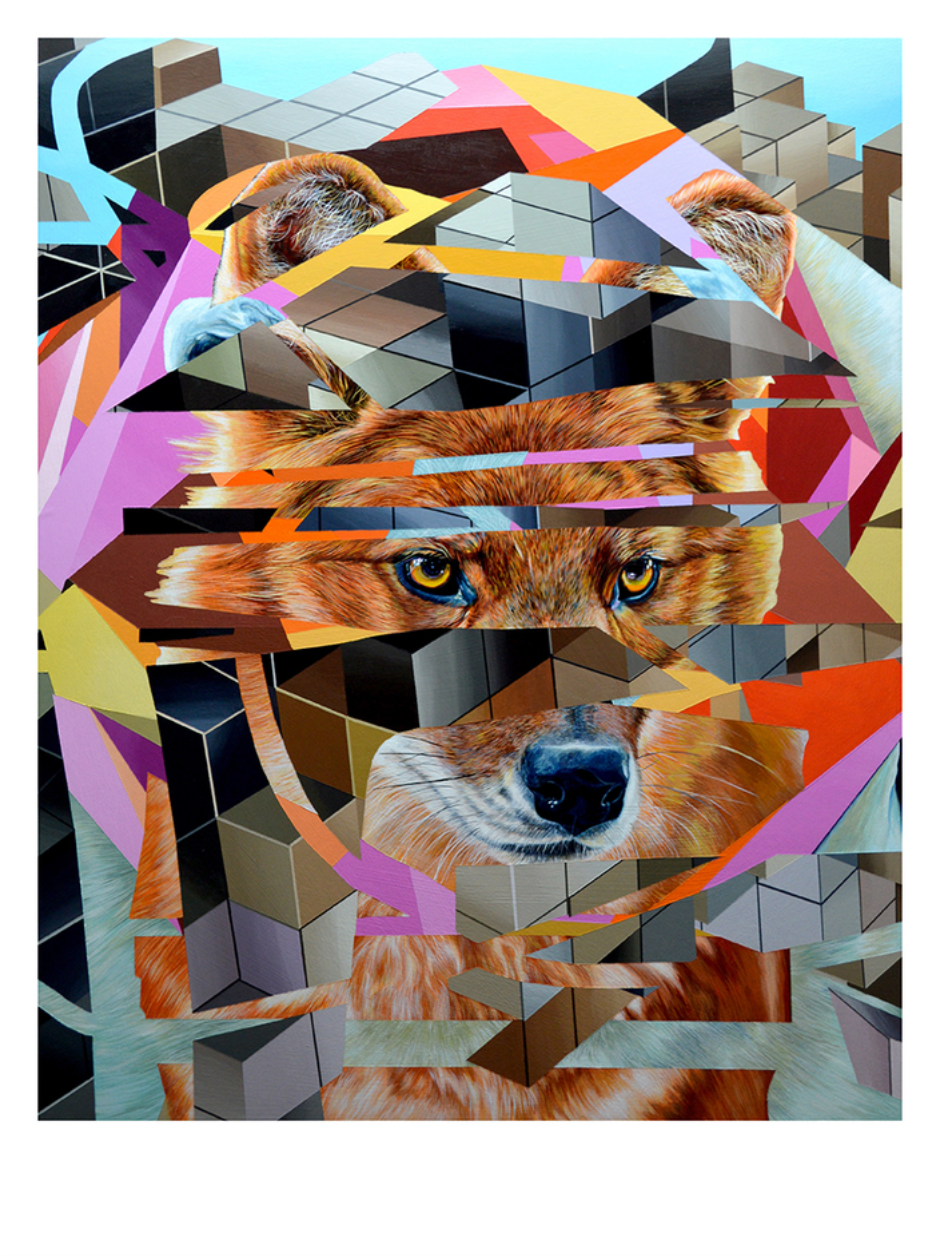 Expiring #4" by Juan Travieso is a vibrant, abstract fox portrait fragmented by geometric shapes in brown, gray, purple, and orange. Available as a signed art print for collectors.
