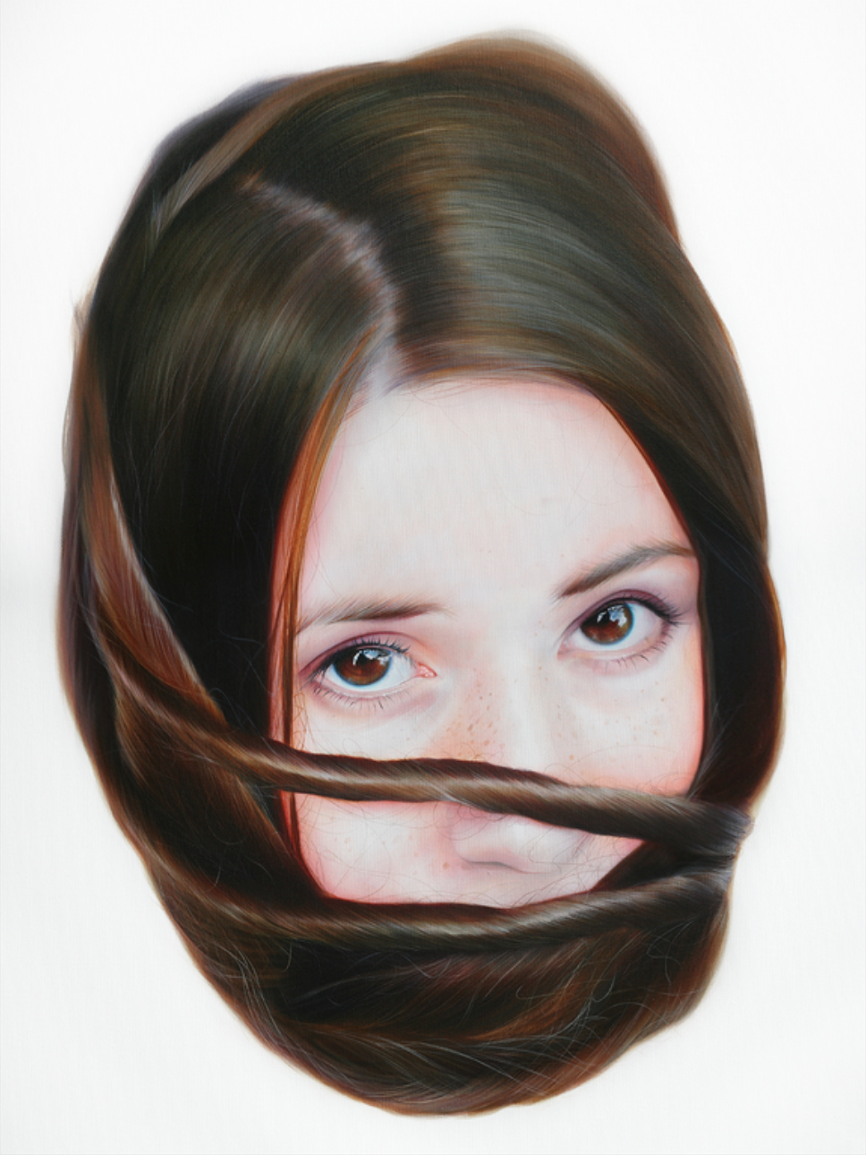 A girls face with brown hair framing it and freckles adding depth captures youth and innocence in this limited edition Roos van der Vliets Storytellers XV. She gazes straight at the camera against a plain white background, an archival pigment print masterpiece.