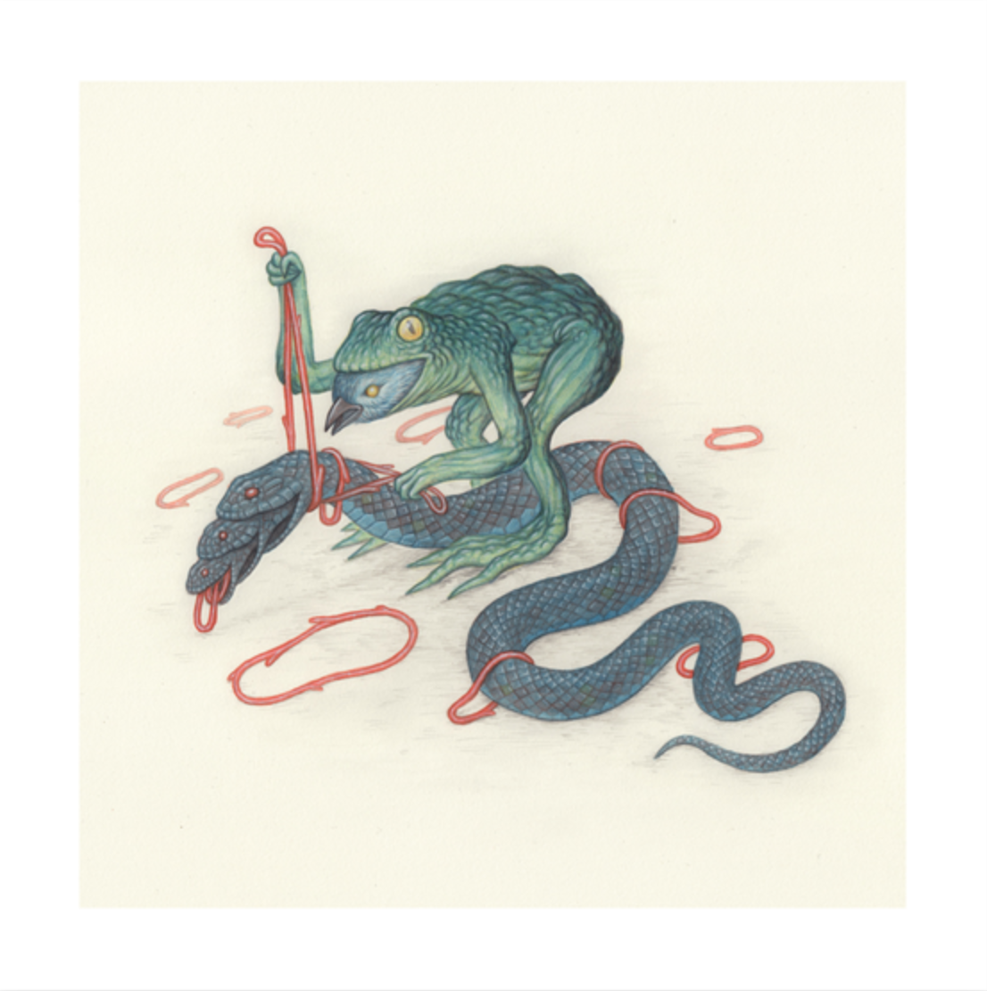In Frog Bird Snake by Nick Sheehy, a green, lizard-like creature skillfully knits a blue snake from red yarn in this 12 x 12 artwork. The unknit snake with yarn loops lies on a simple beige background. Each piece is hand numbered for authenticity and charm.