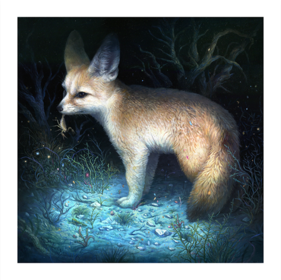 A fennec fox with an insect in its mouth stands on moonlit ground among glowing plants and twisted trees in "Neith" by KiSung Koh, a hand embellished, signed, and numbered edition.