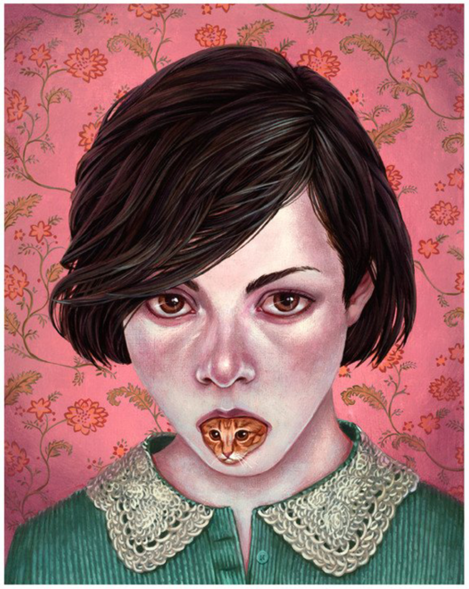 Casey Weldons LOL features a woman with short black hair, a neutral expression, and an open mouth revealing a small cats face. She wears a green top with a lace collar against a pink floral backdrop. This surreal portrait is available as an exquisite giclee fine art print.