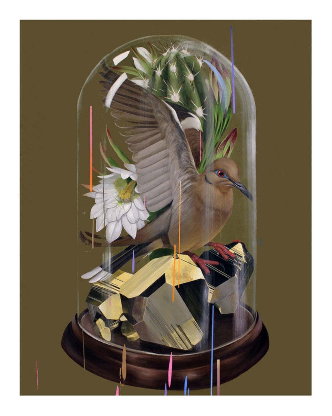 In Frank Gonzales Specimen II, a bird with outstretched wings perches on geometric rocks under a glass dome, enhanced by hand-embellished white flowers and green foliage. The piece features a muted brown background with colorful vertical streaks.