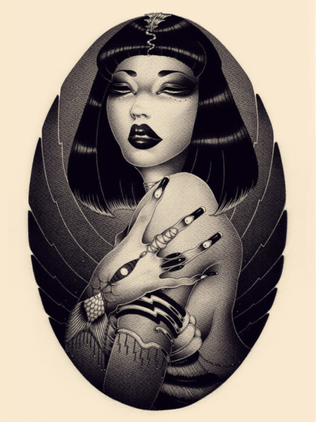 The ONEQ Cleopatra fine art print features a stylized depiction of Cleopatra with long, painted nails and dark hair with bangs, surrounded by an ornate wing pattern. Her serene expression captivates in this grayscale limited edition masterpiece.