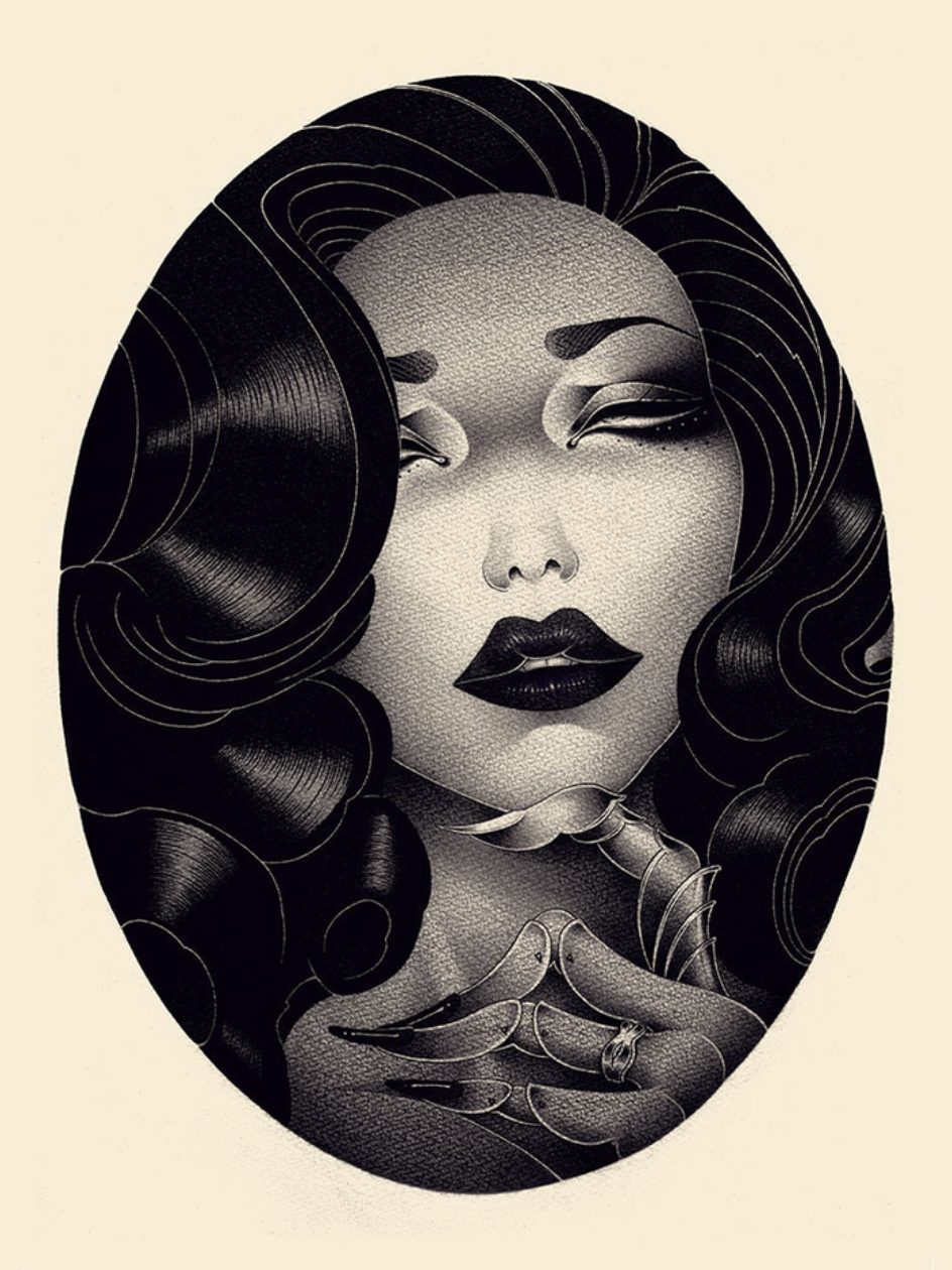 The Waiting art print by ONEQ showcases a stylized woman in an oval frame, embodying vintage elegance with detailed hair and makeup. She gracefully touches her neck, eyes closed and lips slightly parted. The piece is beautifully rendered in black and white.