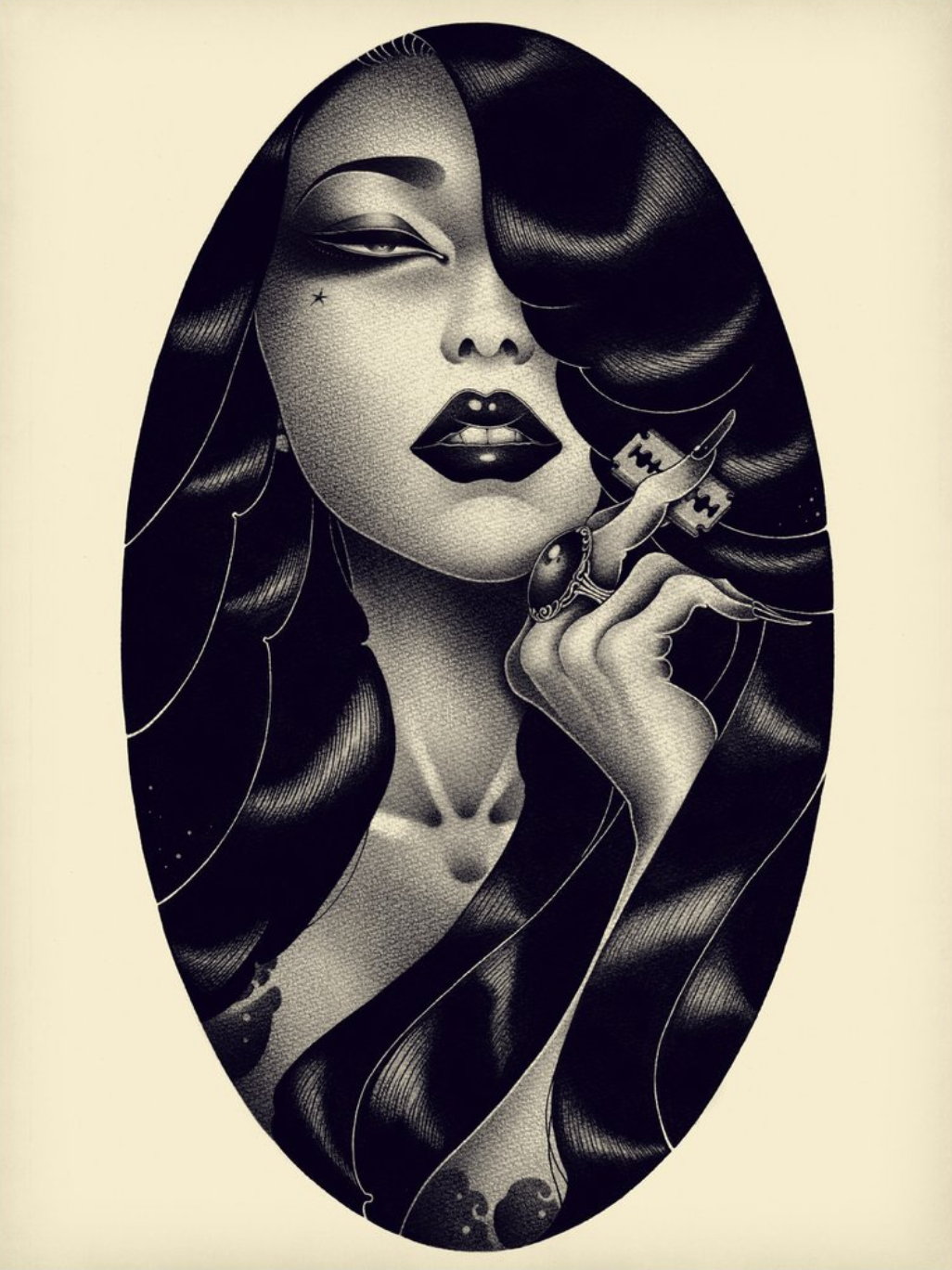 This ONEQ Kamisori artwork features a black and white illustration of a woman with long, wavy hair covering one eye, dark lips, and ringed fingers gracefully near her face. Presented in an oval frame, it exudes the allure of a limited edition fine art print.