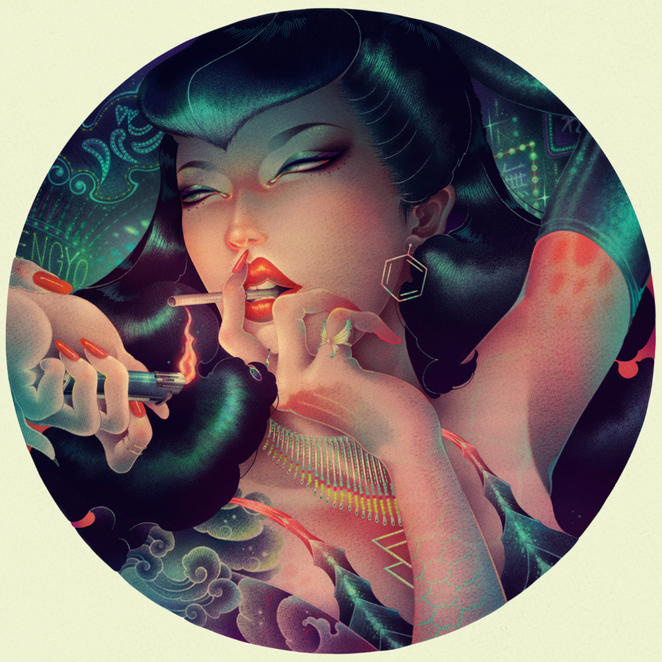The artwork Noctiluca by ONEQ depicts a stylized woman with long, dark hair lighting a cigarette. She sports bold makeup, gold jewelry, and red nails, set against swirling patterns and neon elements. Enhanced with archival pigment inks, it radiates a vibrant and mysterious atmosphere.
