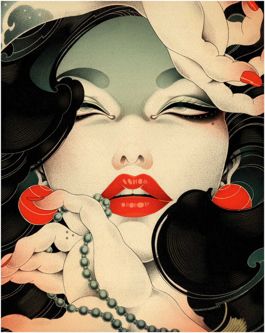 The KANRO by ONEQ features a stylized woman with vibrant red lips, dramatic black hair, and green eyeshadow. Her hands frame her face with a string of green beads, creating an artistic and surreal blend of fashion and fantasy similar to an archival pigment print.