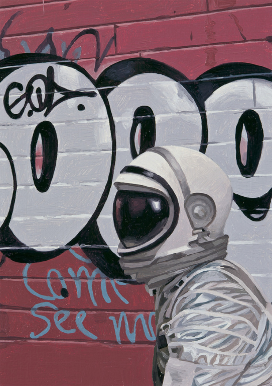 A painted astronaut in a spacesuit walks by a weathered red wall with bold white graffiti, partially exposing the phrase come see me in blue. This scene echoes Scott Listfields style and is available as a fine art giclee print titled Red Wall.