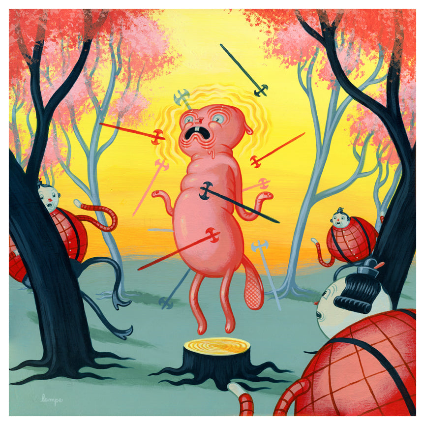 Travis Lampes Semiaquinetic Menace showcases surreal artwork of a pink creature on a tree stump pierced by swords, observed by two figures in red beneath a vivid yellow-orange sky and surrounded by pink-leafed trees. Captured brilliantly in an Archival Pigment Print.