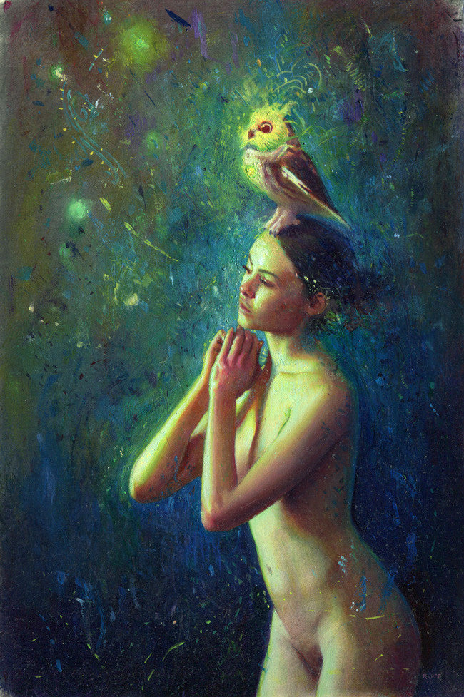Sentry" by Rod Luff features a nude woman with hands near her chin, an owl perched on her head, and ethereal green and blue light illuminating the dreamy background. This unique scene is captured in a limited edition art print.