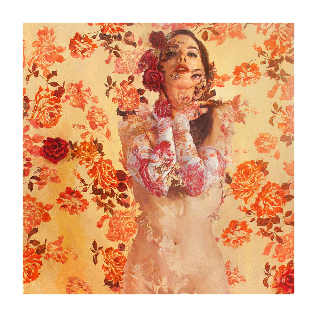 A woman stands with hands near her face, blending into a floral background. Her body and arms, adorned in vibrant red and orange blooms, create an illusion of continuity with the patterned backdrop. This captivating scene is available as Jaquenetta, a limited edition fine art giclee print by Sergio Lopez.