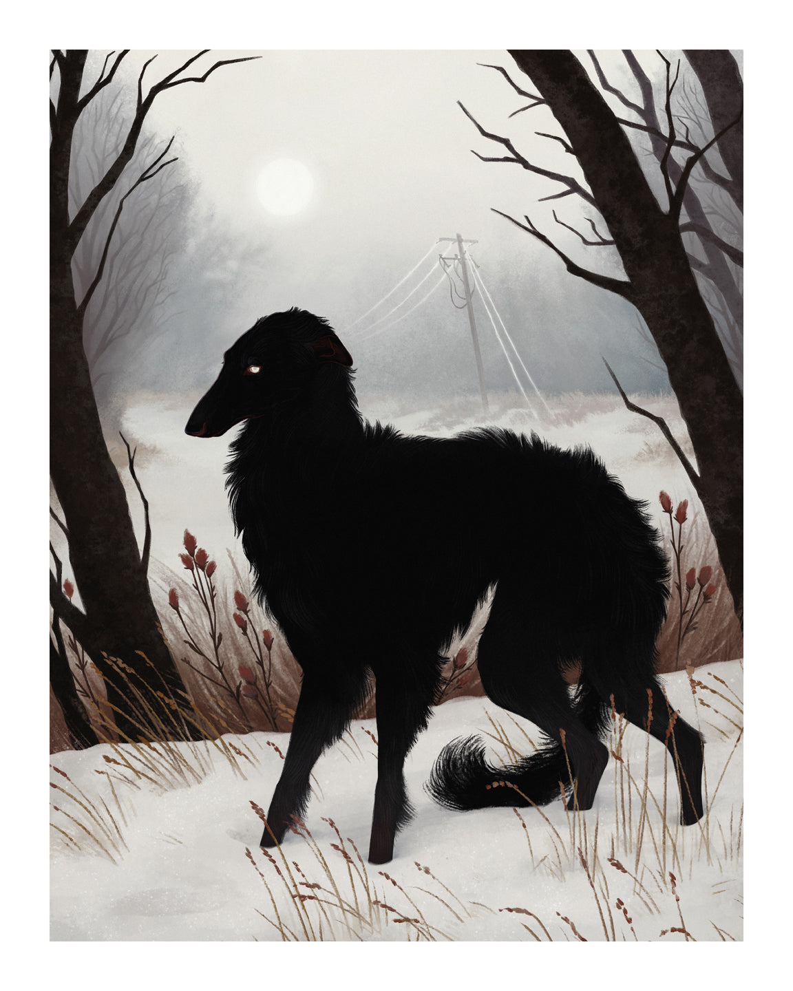 In Jenna Bartons Shiver, a black dog with long fur stands on a snowy path among bare trees and dried plants. The overcast sky and sun filtering through the fog evoke a shivering scene, with power lines stretching into the distance in this Archival Pigment Print.