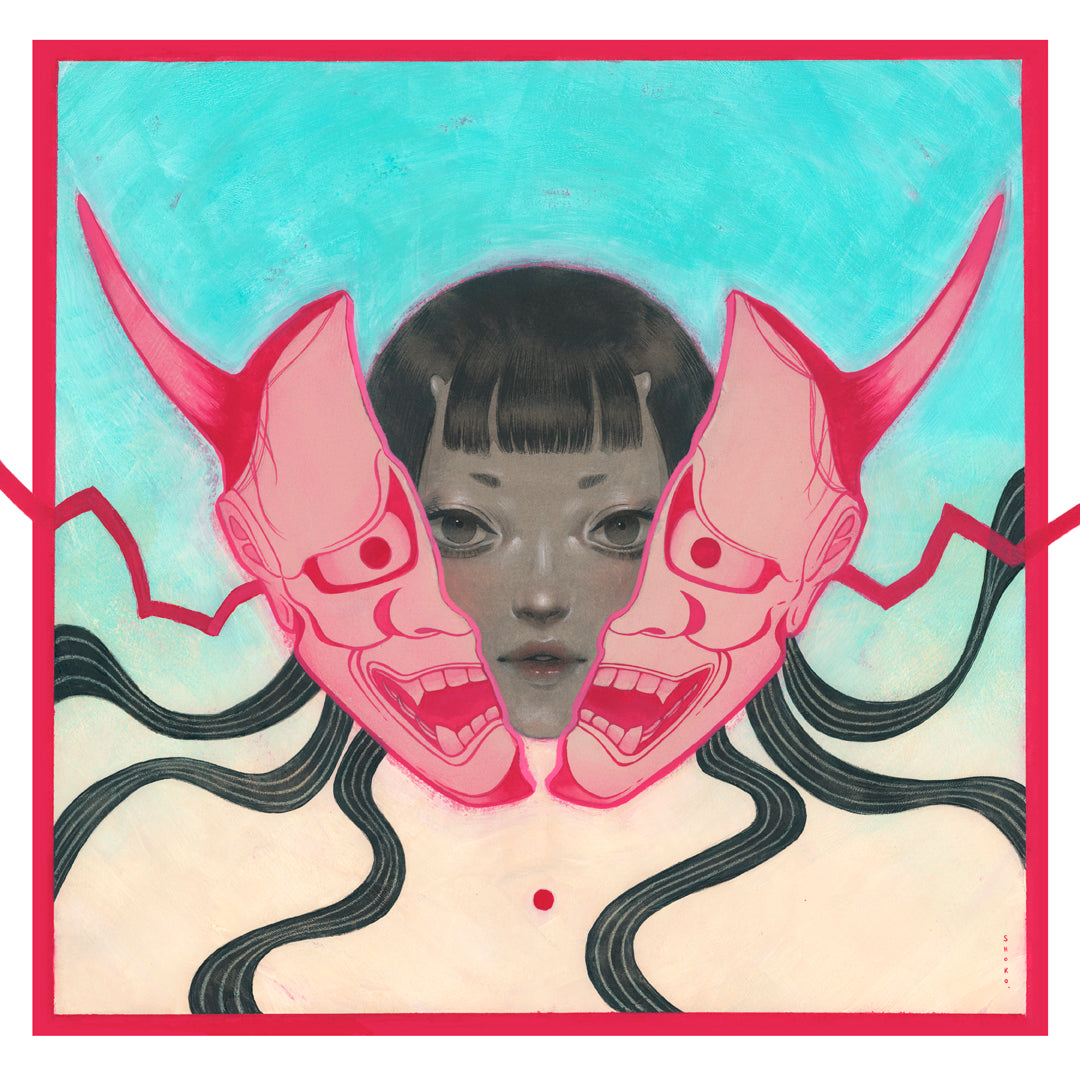 HANNYA" by Shoko Ishida: a surreal painting of a girl's face emerging between two pink horned demon masks, black wavy lines, on soft blue with a red frame—available as an archival pigment print.