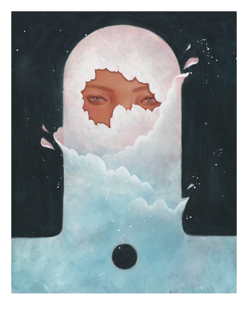 In Daydream by Shoko Ishida depicts eyes peering through cloud-like formations in a luminous arch on a dark background. Wisps of white and pale blue clouds add to its dreamlike atmosphere. It is available as a signed and numbered archival pigment print.