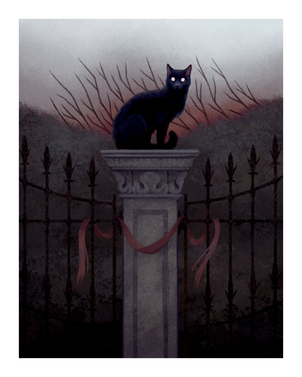 Jenna Bartons Archival Pigment Print, Silent Watcher, portrays a black cat with glowing eyes on a stone pillar, encircled by iron fencing and bare branches against a dark sky, evoking a mysterious and eerie mood.