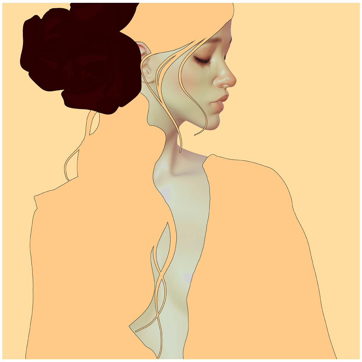 Sleepless" by Cezar Brandao: a minimalist digital profile of a woman with closed eyes, soft features, and large dark flowers in her hair on a pale peach background. Fine art giclee print.