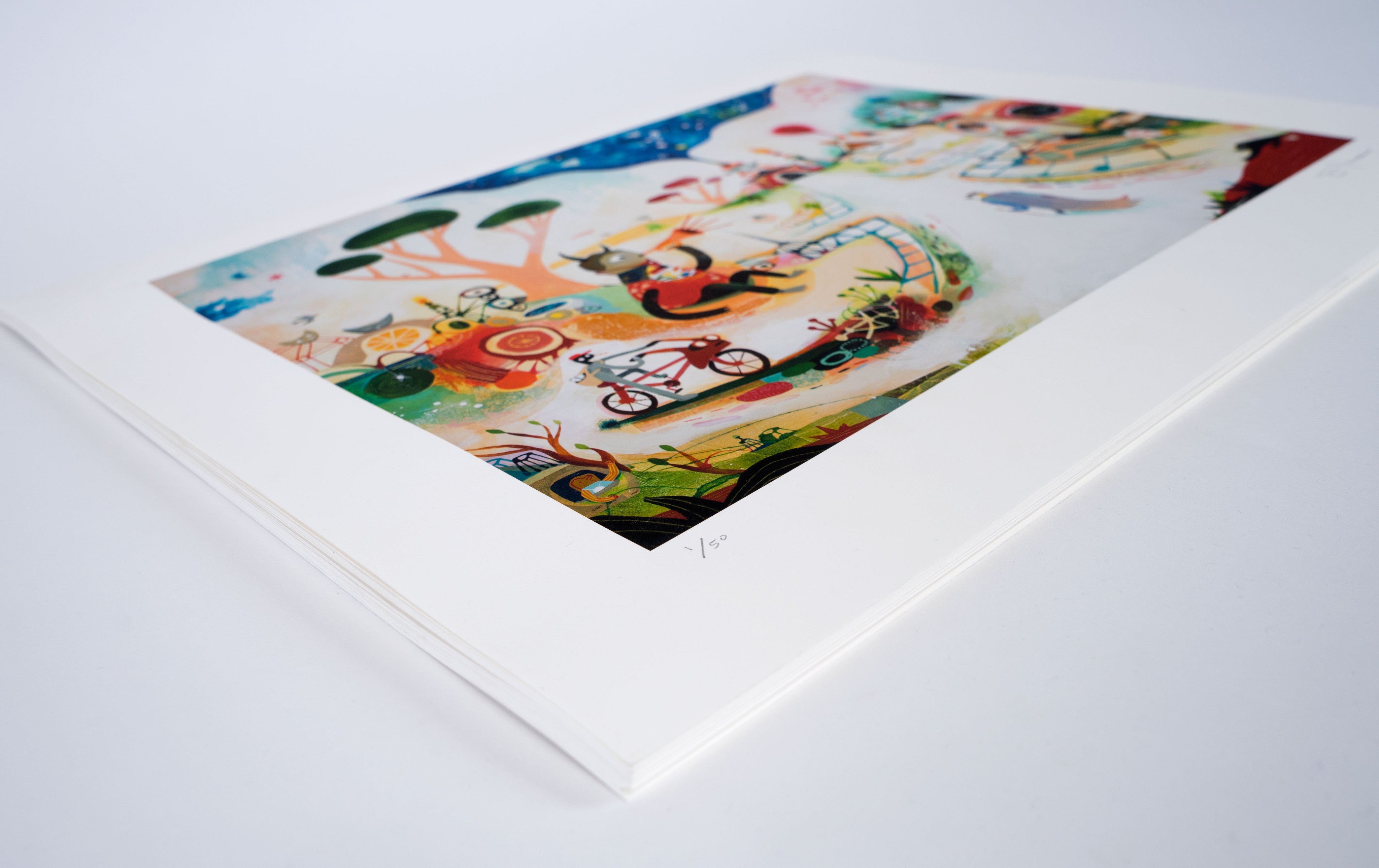 The Earlybirds by Souther Salazar is a signed and numbered archival pigment print featuring whimsical, colorful shapes and patterns in bright blues, greens, reds, and yellows on a white background.