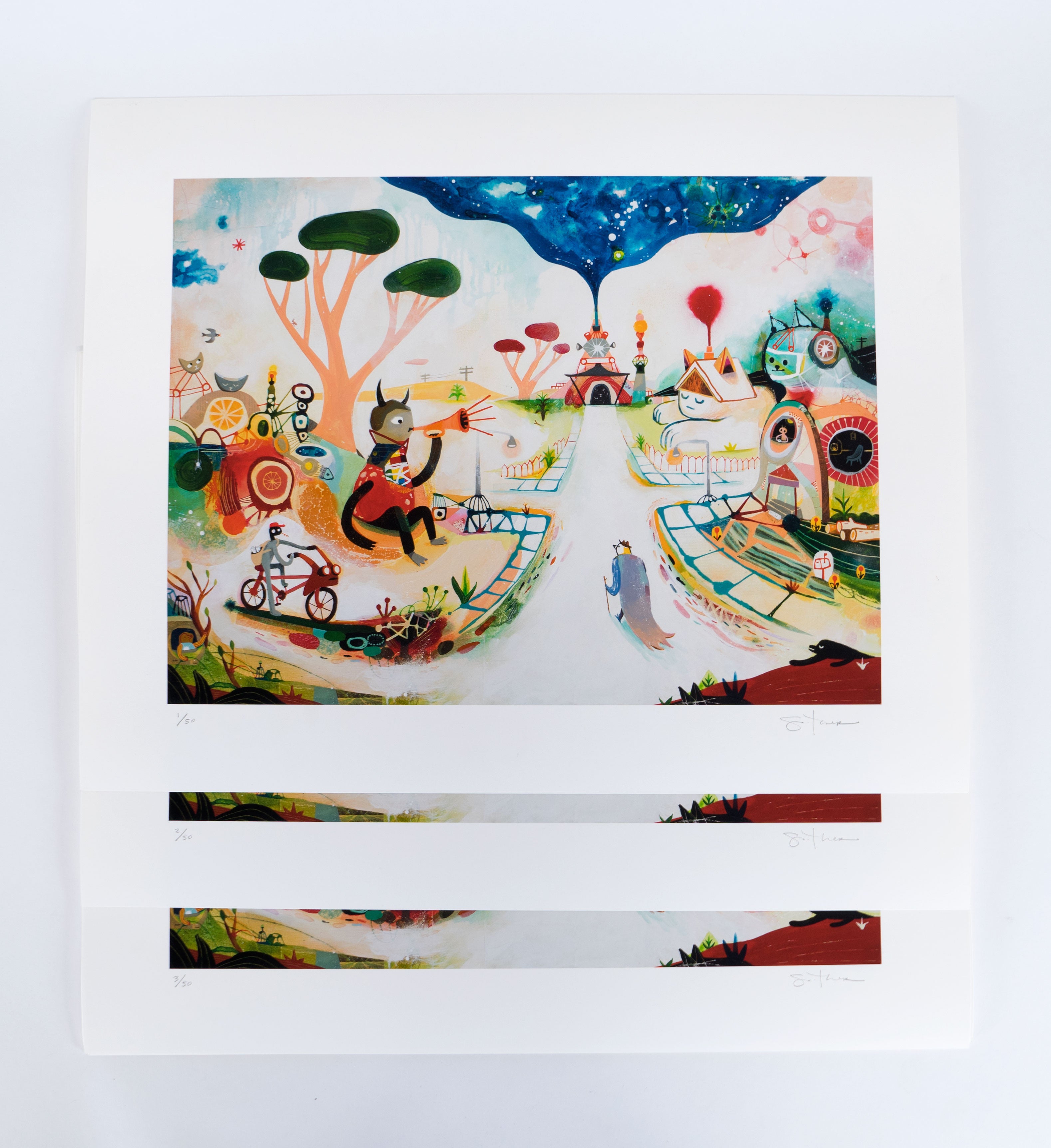 Explore Earlybirds, a vibrant archival pigment print by Souther Salazar, showcasing a fox in a suit playing the trumpet. Surrounded by surreal elements like a bicycle, trees, and a fantastical castle beneath a starry night sky, this whimsical piece is signed and numbered for collectors.