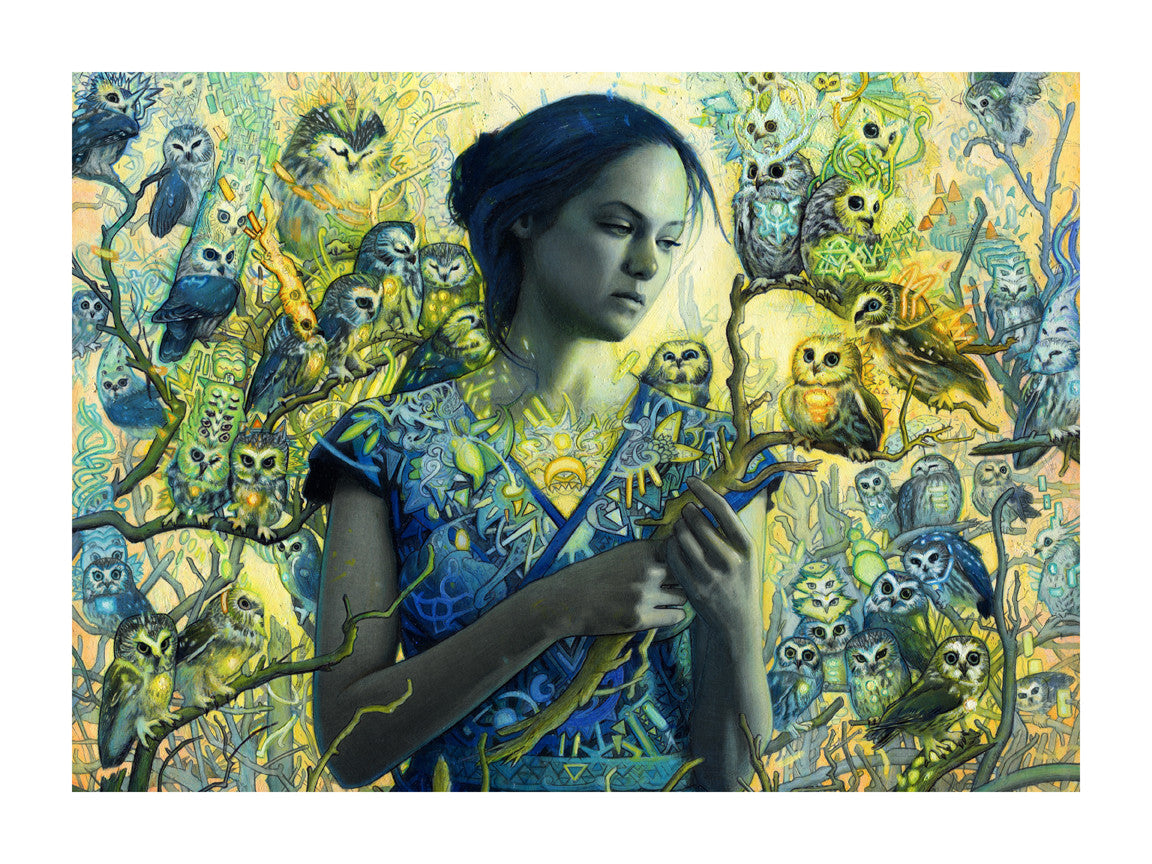 A woman in a patterned blue dress holds tree branches, surrounded by detailed owls and birds. Warm yellow and green light adds magic to "Spark," a limited edition fine art giclee print by Rod Luff.