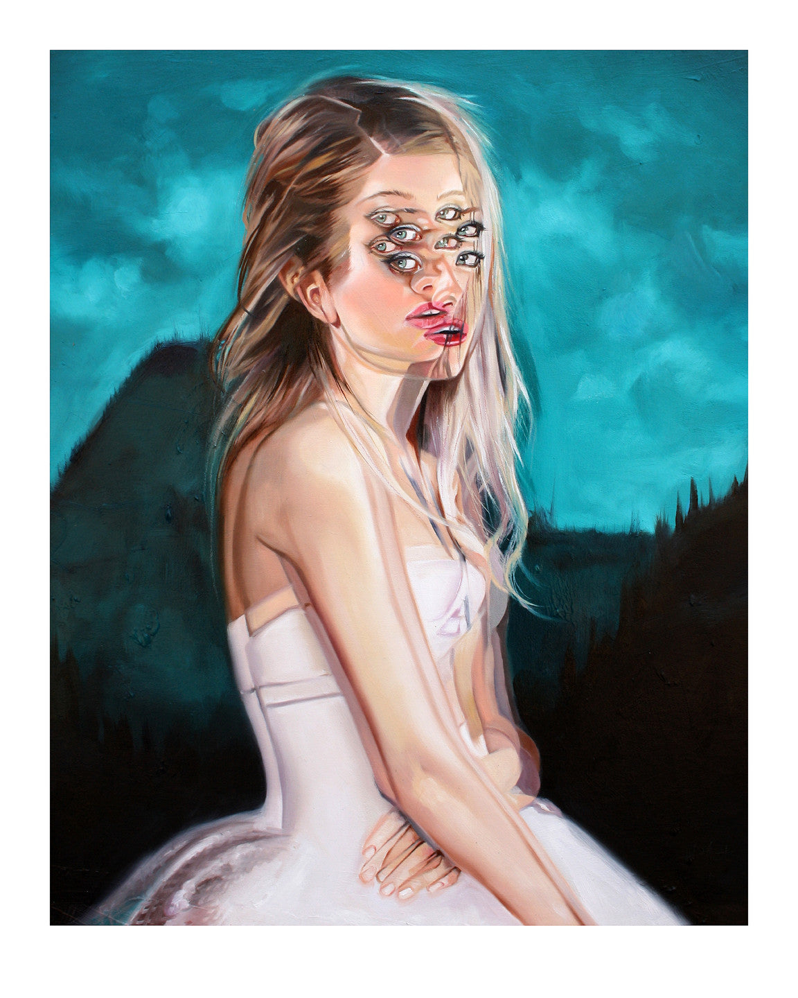 A surreal painting titled Summer Dreams Regular Edition by Alex Garant features a woman in a white dress, her face intriguingly distorted with multiple eyes and mouths. She has long, light hair against a dark mountainous landscape beneath a teal sky.
