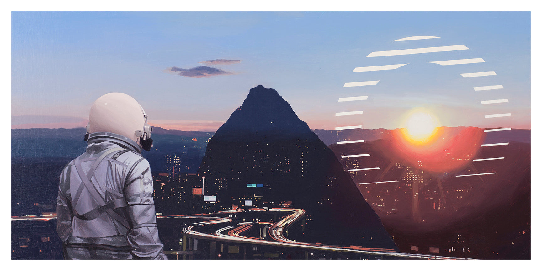 An astronaut stands on an overpass at dusk in Scott Listfields limited edition archival pigment print, Sun Sets on the City, capturing a skyline with mountains, illuminated roads, and a glowing circular structure near the sun.