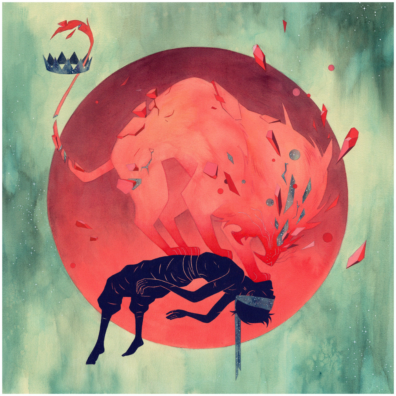 Sun by Julian Callos is a surreal illustration of a crown-wearing, red lion-like creature with shards and a dark human figure against a muted teal-green circle. Available as a limited edition fine art giclee print.