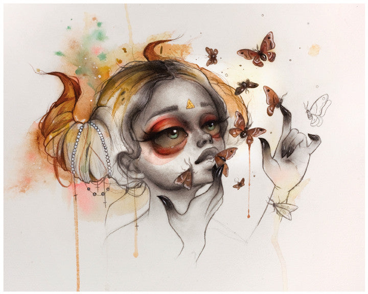 Tatiana Suarezs Air features a whimsical illustration of a woman with orange hair, dramatic green eye makeup, and butterflies, one resting on her hand. This ethereal art is available as a fine art giclee print with splashes of color and delicate lines in a hand-numbered edition.