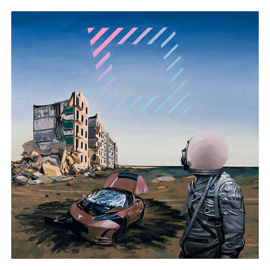 An astronaut in a spacesuit watches a futuristic Tesla with its hood open in a desolate landscape, near a partially destroyed building. The scene is meticulously captured in Scott Listfields Tesla Archival Pigment Print, with geometric shapes in blue and pink hues adorning the sky.