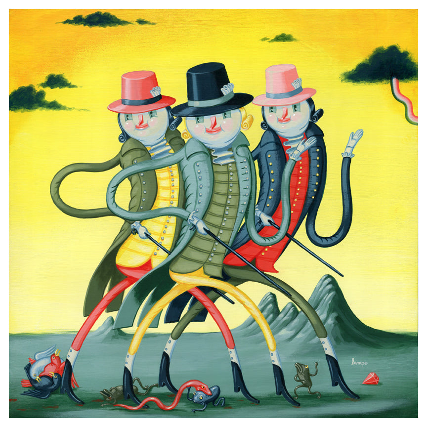 The Fancy Magicians, an Archival Pigment Print by Travis Lampe, portrays three surreal characters with wavy limbs in colorful coats and hats against a yellow mountain and cloud backdrop, evoking a whimsical scene full of imagination.