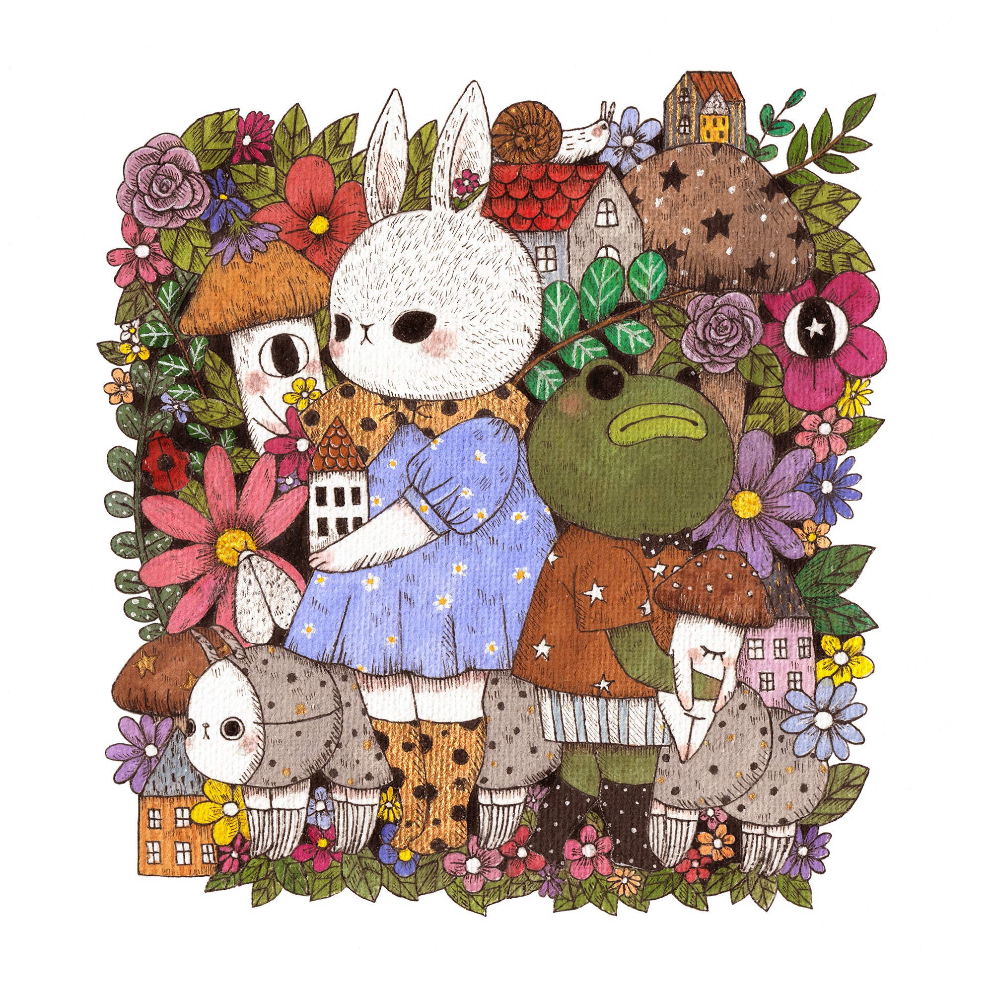 The Gala by jb0xtchi is a limited edition archival pigment print illustrating a white rabbit, green frog, and hedgehog in colorful attire amid vibrant flowers and mushrooms in a fairytale scene. Each print is signed and numbered.