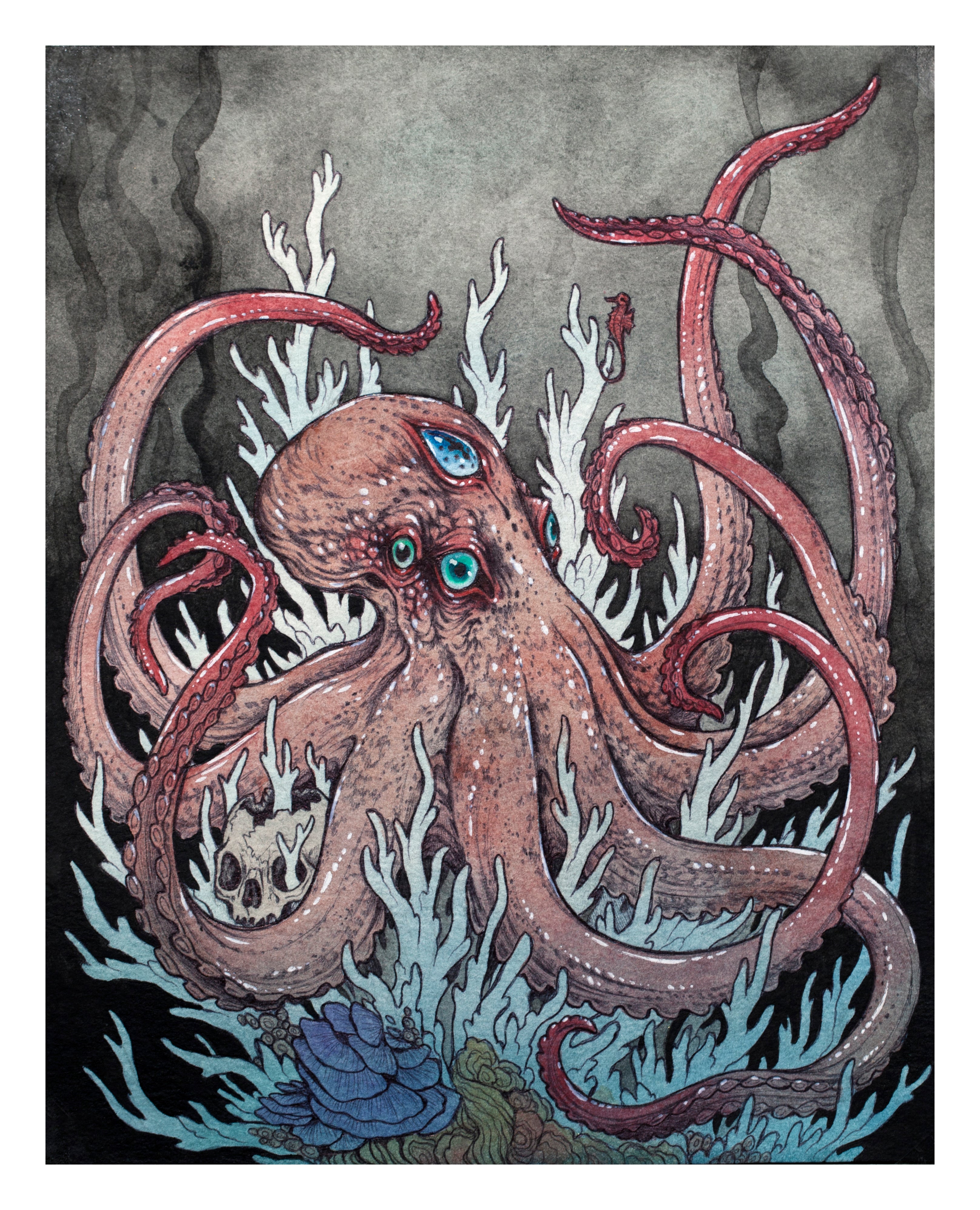 The Octopuss Garden by Caitlin Hackett depicts a multi-eyed octopus with entwined tentacles among coral-like structures in a dark underwater scene of blue and gray, utilizing archival pigment print techniques.