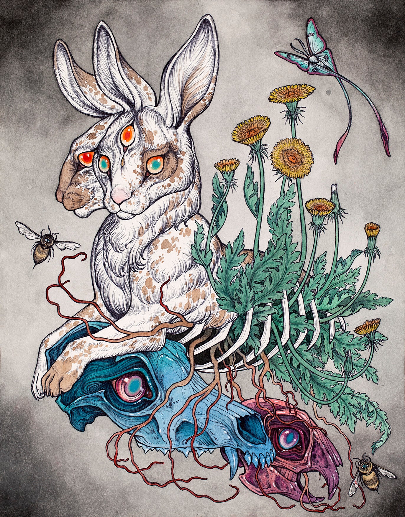The Visionaries by Caitlin Hackett is an archival pigment print featuring a surreal scene with a three-eyed rabbit on colorful skulls, amidst dandelions, bees, and butterflies, interwoven with red vines, evoking a vibrant fantasy world.
