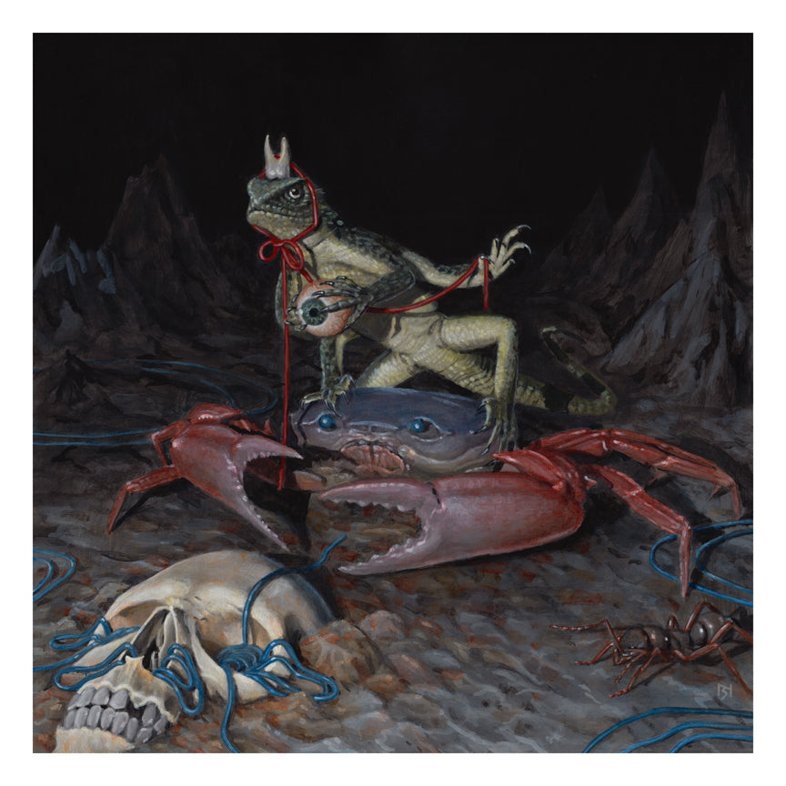 The 3rd Wisdom, a limited edition archival pigment print by Nick Sheehy, depicts a surreal scene with a lizard in a red ribbon playing an instrument on a crab, surrounded by two skulls tied in blue cords against dark rocks.
