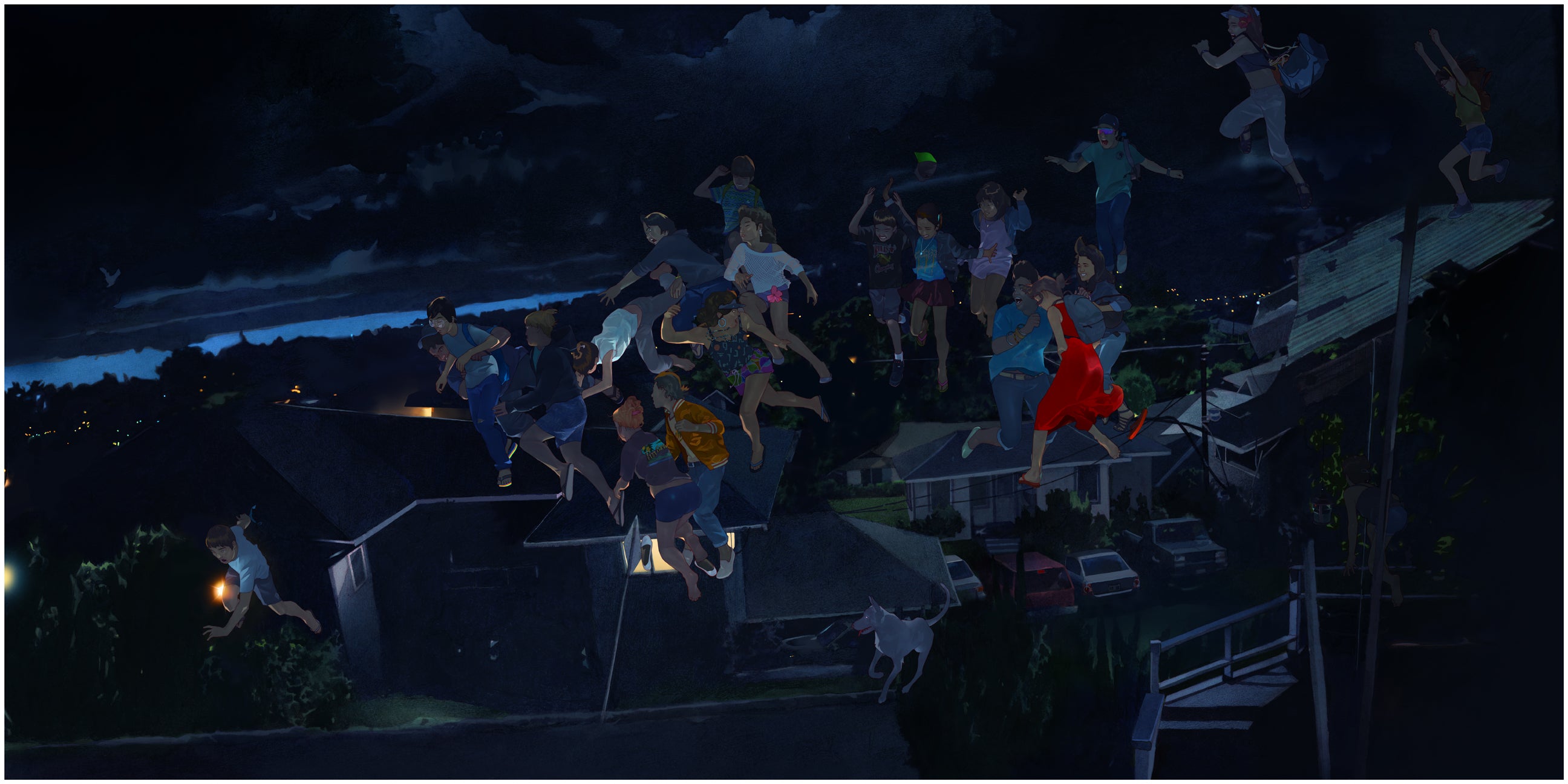 Energetic young people and animals float above a dark suburban neighborhood in The Lifting and the Releasing, a limited edition archival pigment print by Edwin Ushiro, with city lights glowing in the distance.