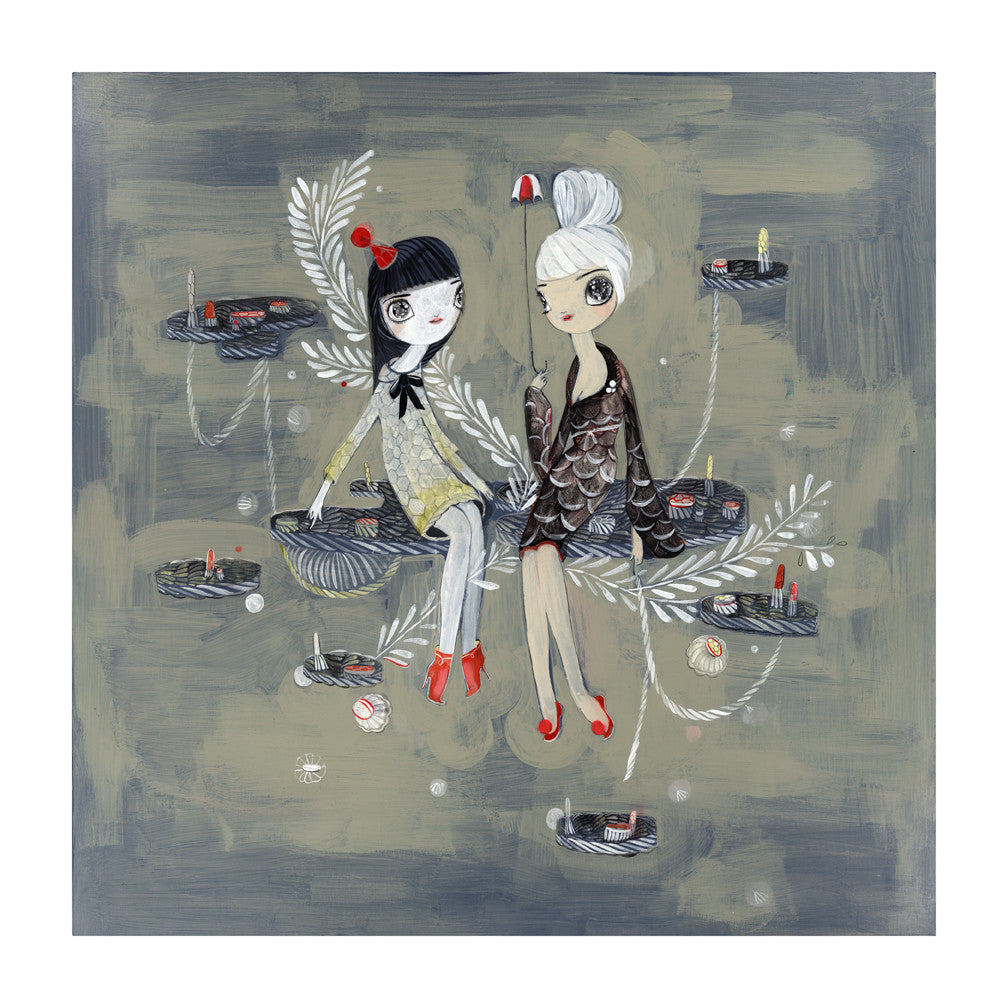 Cloud Chat by Kelly Tunstall features two whimsical female figures on branches by ponds with floating candles, one with dark hair, the other white, both in patterned dresses and red shoes against a muted abstract background. Available as a limited edition giclee print.