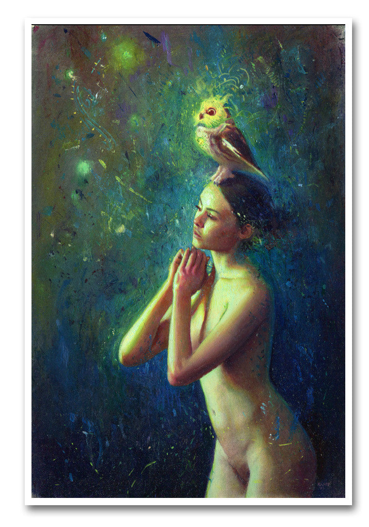 Sentry" by Rod Luff features a surreal nude woman looking upward with an owl on her head in dreamy blue, green, and yellow hues. Available as a fine art giclee print.