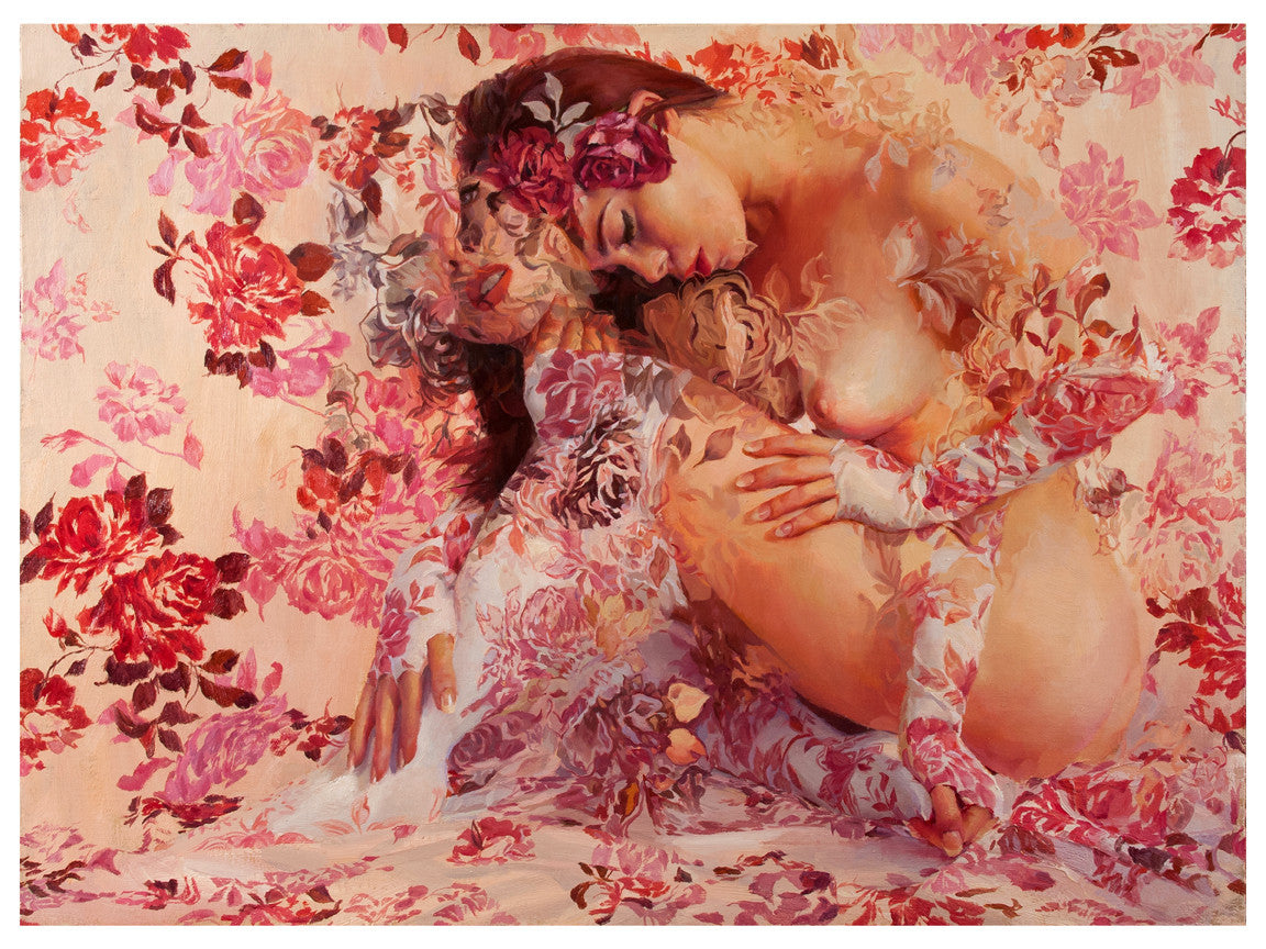 Cornelia by Sergio Lopez is a fine art giclée print depicting intertwined figures partially concealed by pink, red, and white floral patterns, creating a warm and intimate composition. This limited edition piece harmoniously exudes tenderness.
