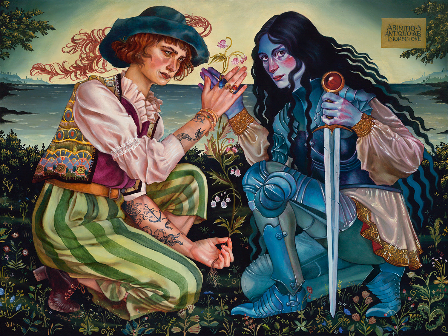 Valley of the Shadow, an archival pigment print by Ruth Speer, features two kneeling figures: one in a hat, patterned vest, and striped pants holding a flower, the other in armor with a sword. Theyre set against a tranquil landscape with water.
