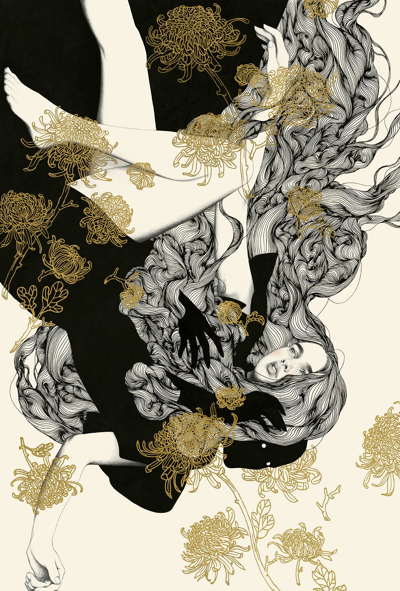 The Yellow Passerby & I by Tran Nguyen is a signed, limited edition screenprint depicting a person with long hair interlaced with golden chrysanthemums, featuring an expressive face amidst black and white contrast, with intricate patterns that blend into the background.