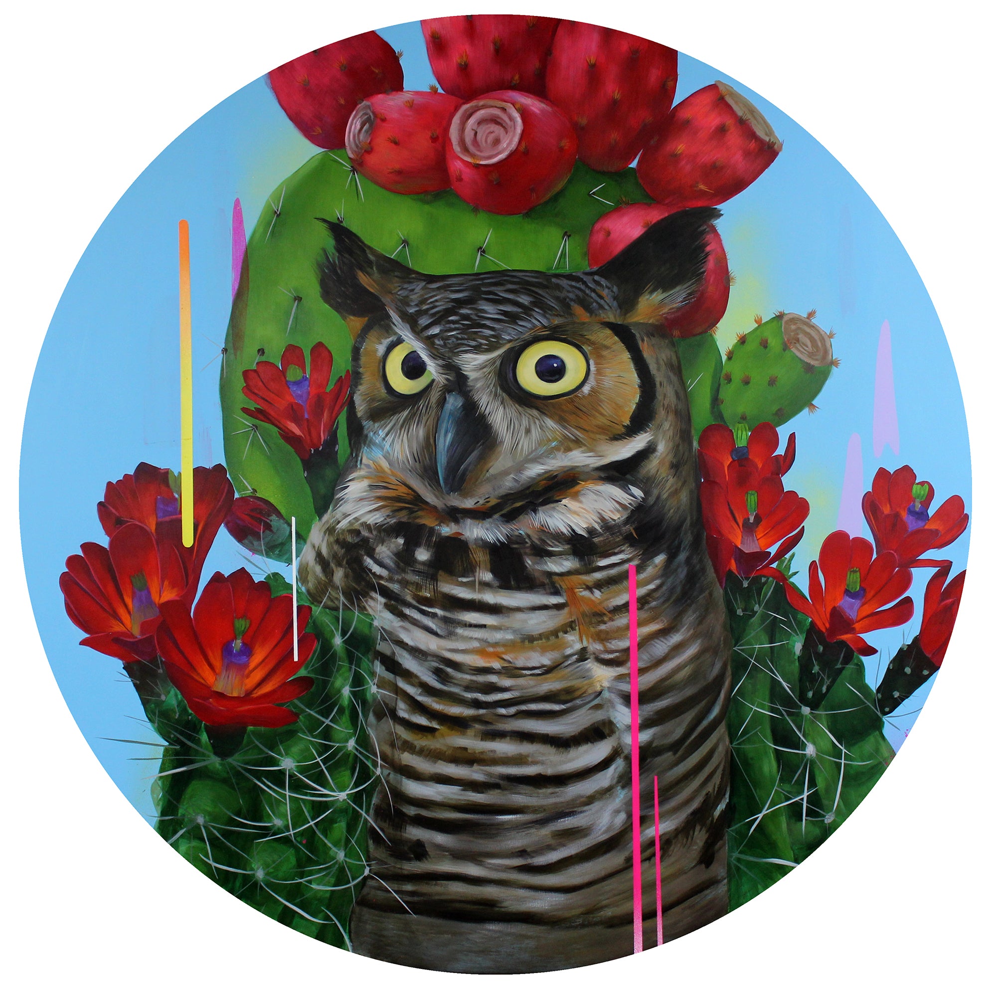Frank Gonzales Santuario features an owl with striking eyes amidst red flowers and cactus pads. The piece contrasts vibrant greenery and pink highlights against a bright blue sky. This is a signed, numbered edition of an archival pigment print.