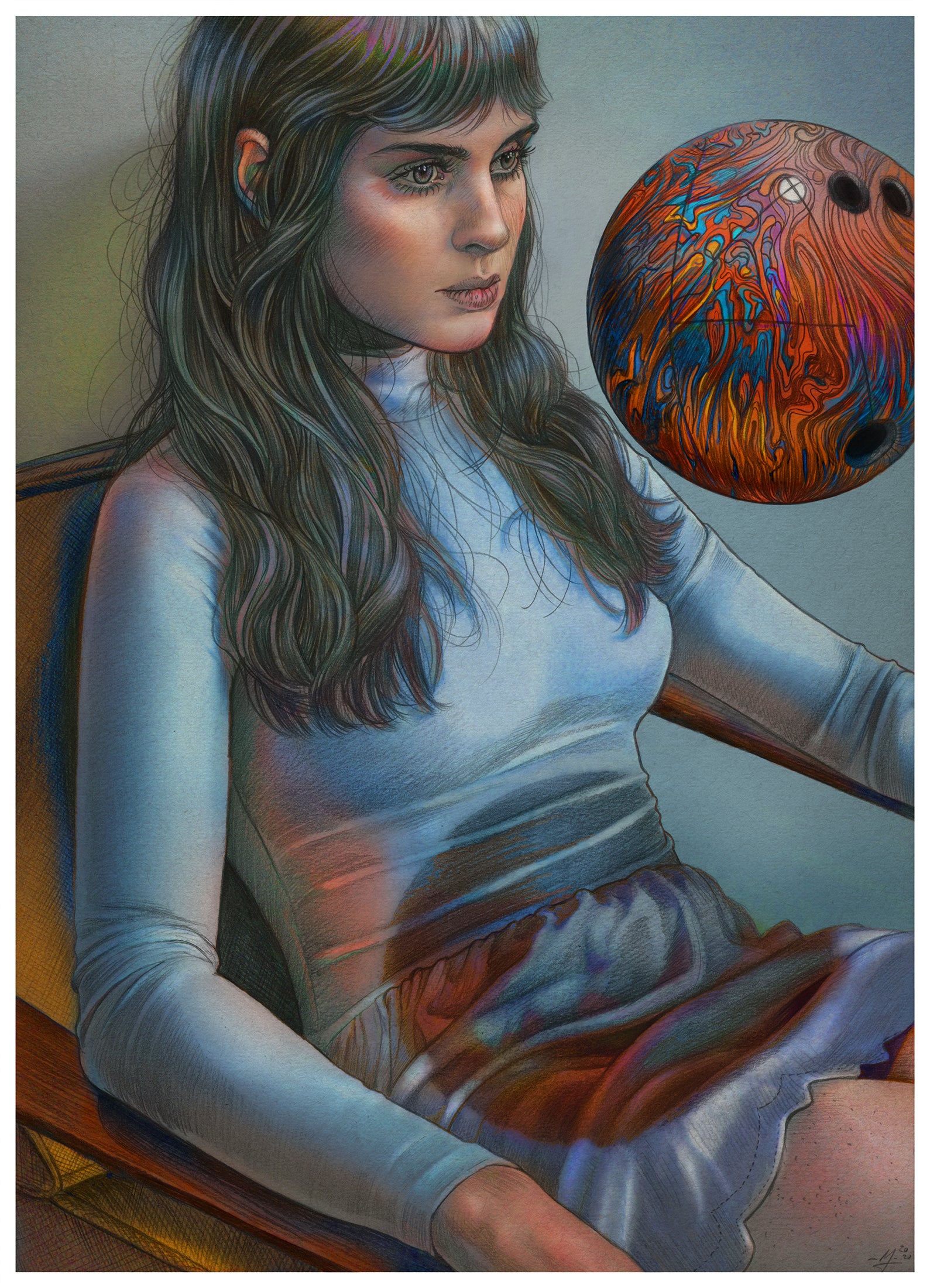 Release, an Archival Pigment Print by Martine Johanna, features a long-haired woman in a chair wearing a long-sleeve dress. She gazes forward seriously as a colorful abstract orb floats beside her, adding surreal flair to the piece.