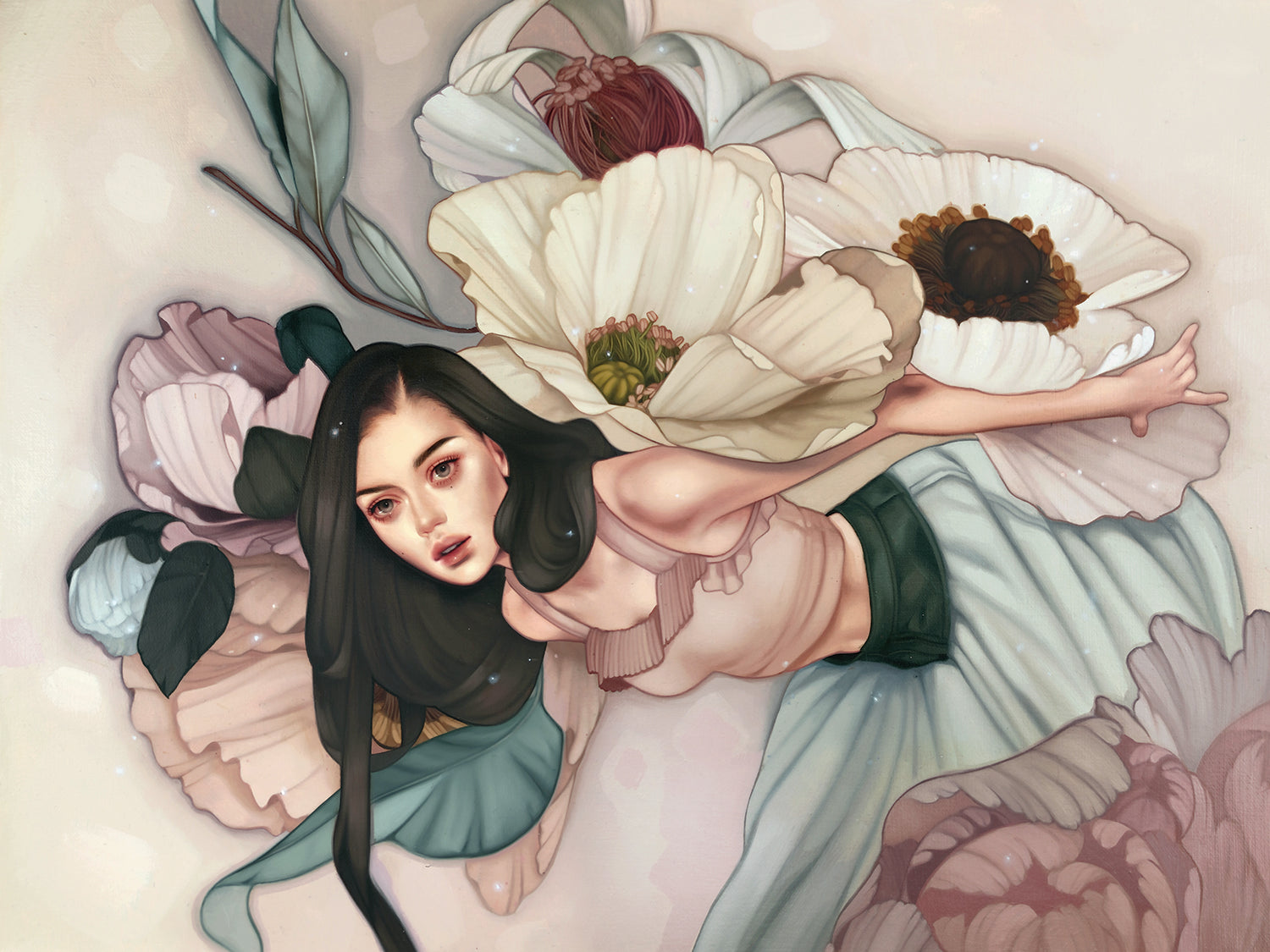 Illustration by Kelsey Beckett titled The Flower Girl. Features a woman with long dark hair in a light top and flowing skirt, surrounded by abstract pastel flowers. This archival pigment print blends flowers into the background, creating a dreamy, ethereal atmosphere.