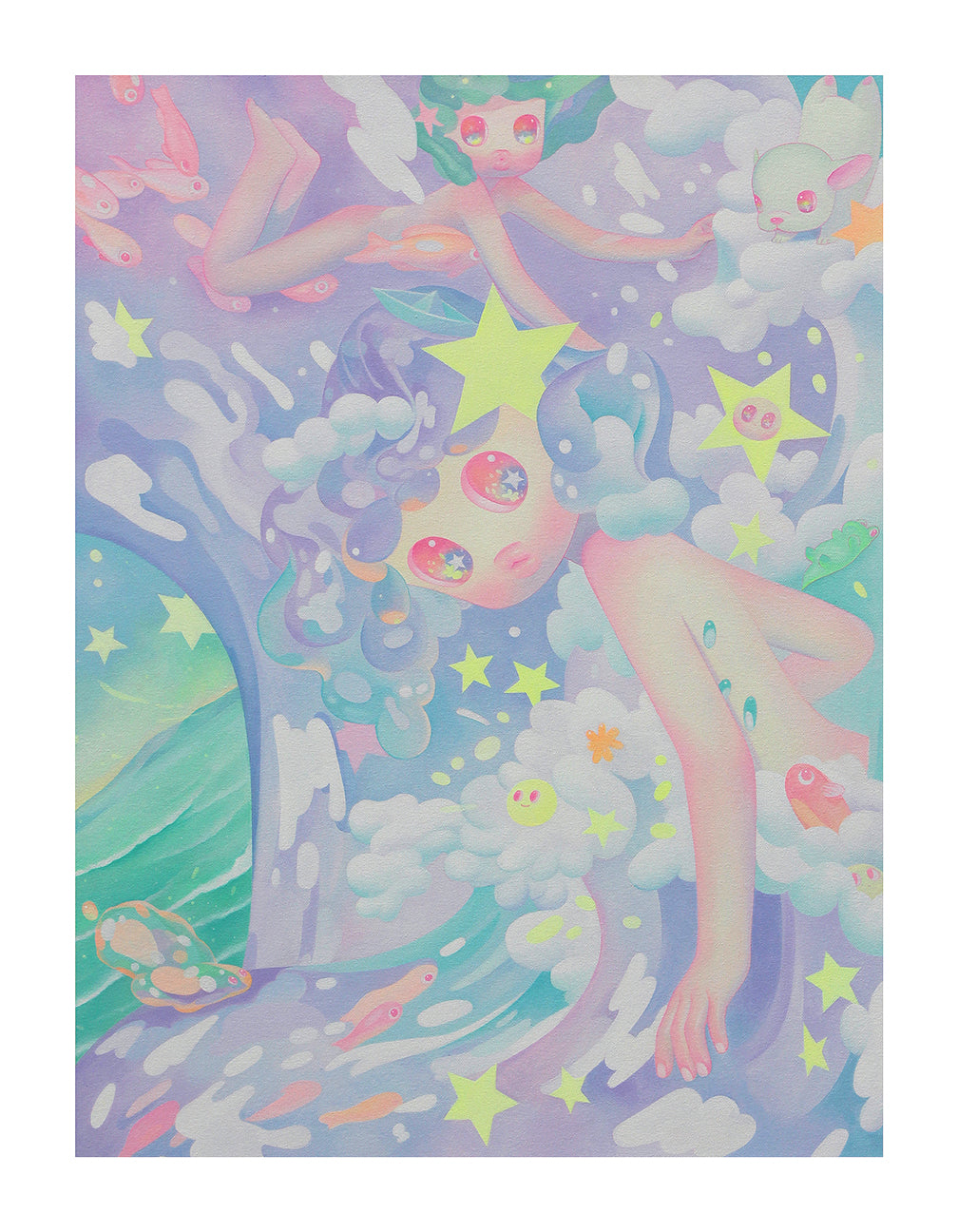 A whimsical, dreamy scene features pastel characters among stars and clouds. A central figure with starry eyes and blue wavy hair, echoing So Youn Lees style, stands amidst celestial creatures. This vibrant tableau is titled Wave, an Archival Pigment Print masterpiece by So Youn Lee.