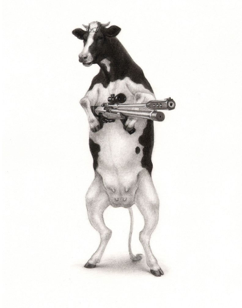 Moooo" by Xiau-Fong Wee features a black and white cow upright on its hind legs, holding a large machine gun against a plain white background—a quirky limited edition art piece.