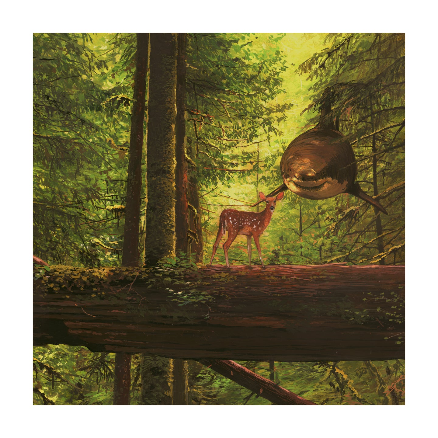 In the limited edition archival pigment print You Cried Out To Me by Chris Austin, a large fish emerges from the water to touch noses with a fawn on a fallen tree in a lush forest, as sunlight filters through the dense foliage.