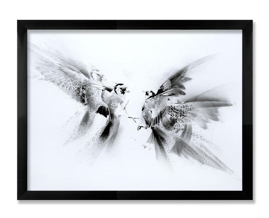 The framed Fine Art Giclee Print Casting Shadows by Aaron Li-Hill features two birds in flight against a plain white background. This black and white piece, detailed with abstract feather patterns, exudes motion and energy. Each print is signed and numbered for authenticity.